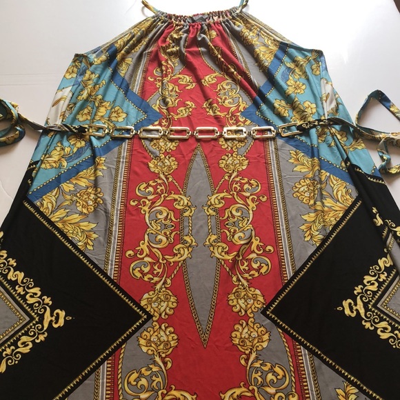 Roz & Ali Printed Maxi Dress with attached gold chain belt Sz 4 - Picture 12 of 15